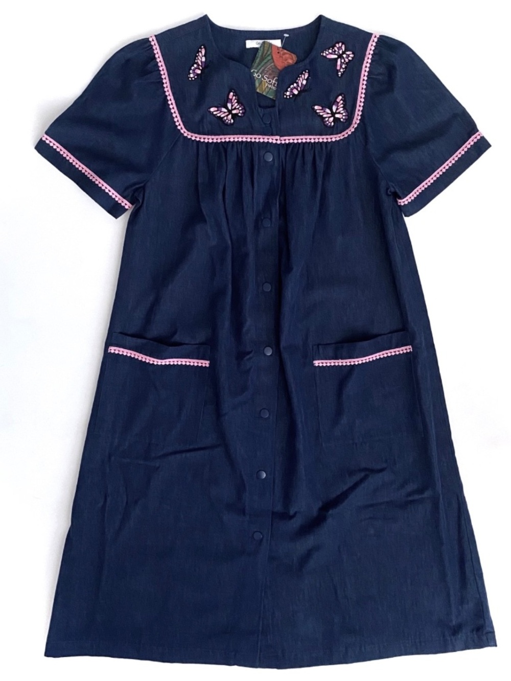 Go Softly Nwt Embroidered Butterfly Short Sleeve Snap Front Denim Patio Dress S